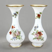 Pair of milk glass vases, 1st half of the 20th century, round stand, bulbous body, slender neck with