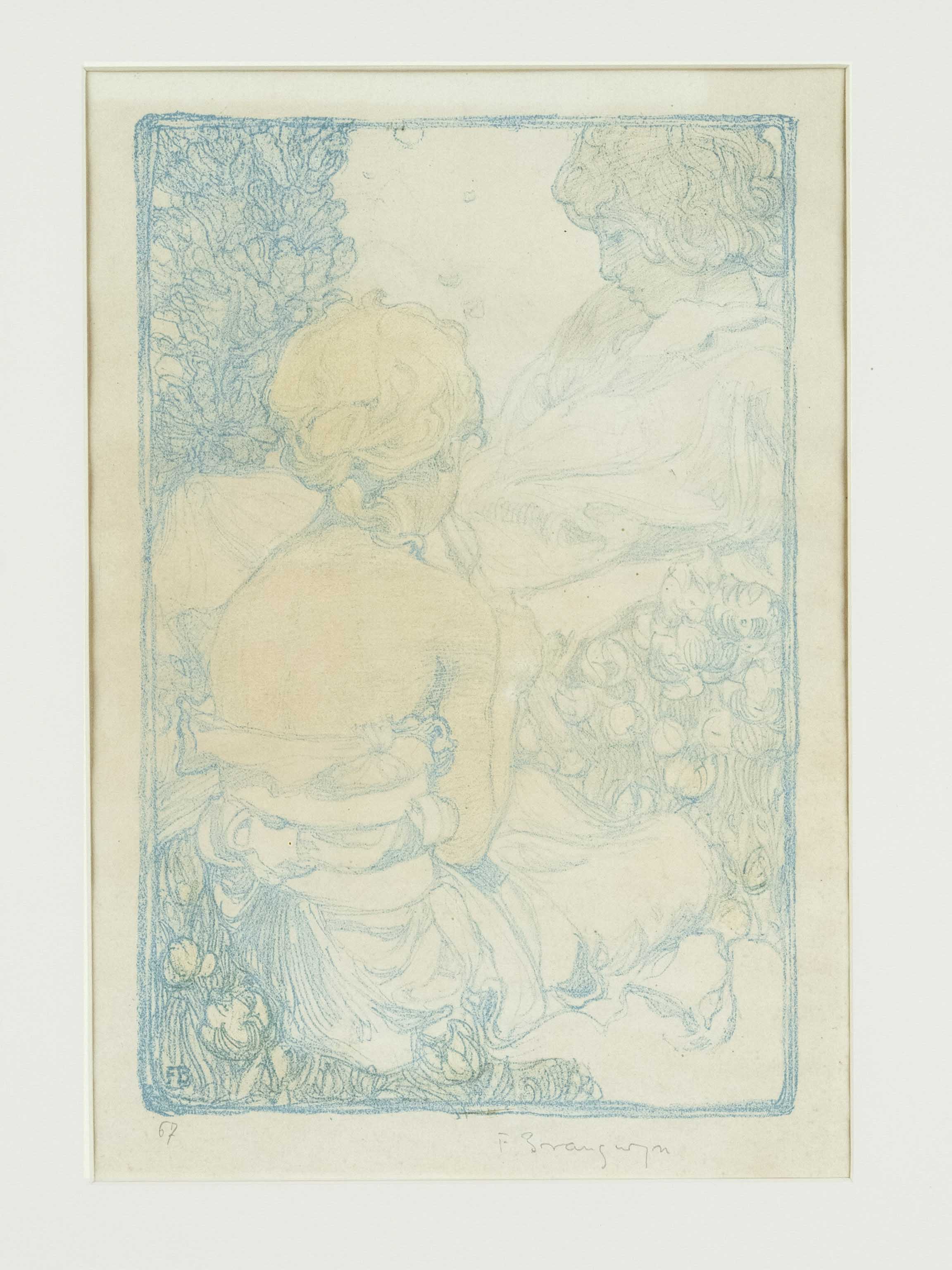 Frank Brangwyn (1867-1956), Girl playing the flute in a meadow of flowers, Art Nouveau color