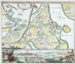 Historical map of Stralsund and surroundings with separate panoramic view in lower quarter, ''