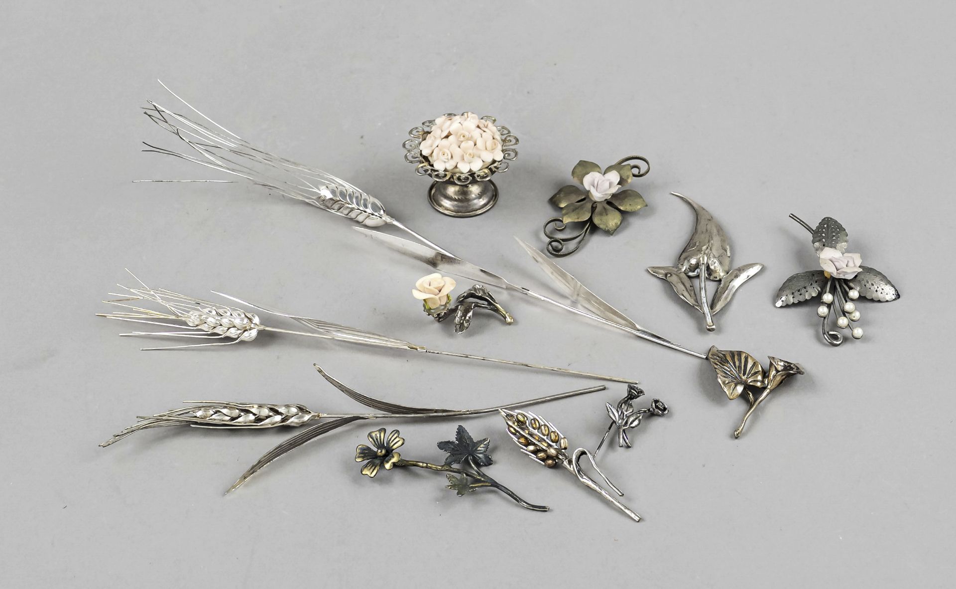 Nine miniature flowers and ears of corn, mainly Italy, 2nd half of the 20th century, silver of