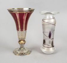 Two vases, 20th c., 1x flower-shaped stand, trumpet-shaped body, clear glass, partly red etched,