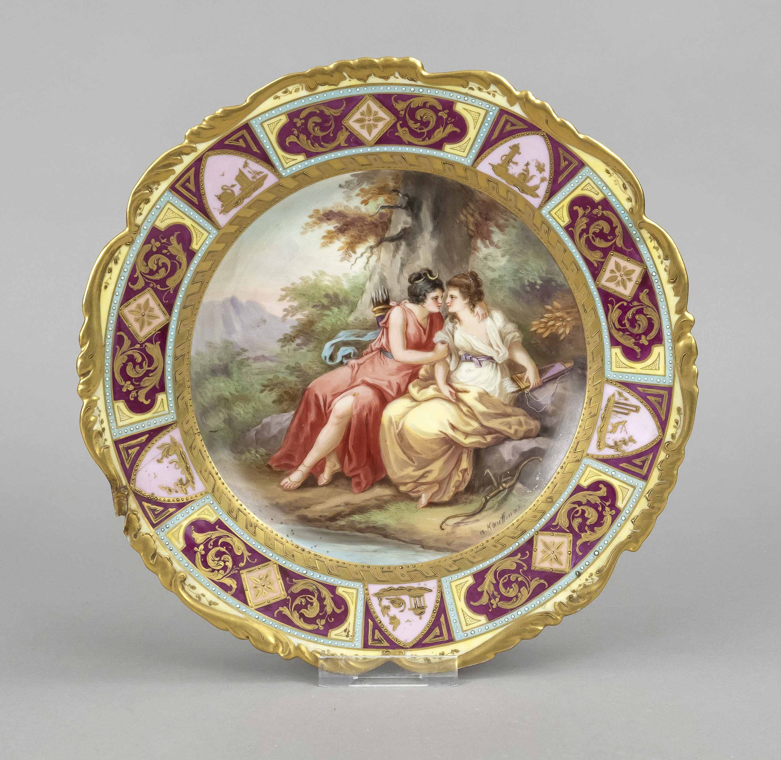 Plate, Thuringia, 20th c., in the mirror fine painting after Angelika Kauffmann, inscribed on the