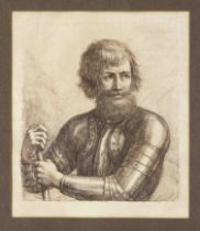 Francesco Bartolozzi (1728-1815), Half-length portrait of a bearded soldier in armor, etching on