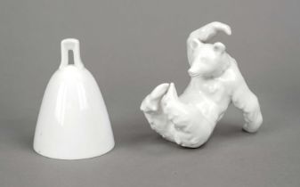 Playing bear and bell, KPM Berlin, 20th c., 2 w., white, playing bear, design by Heinrich Ernst