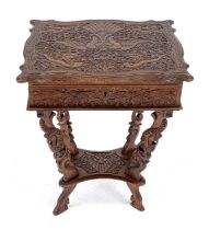 Asian style needlework table circa 1920, walnut richly carved, hinged top, 62 x 50 x 40 cm.