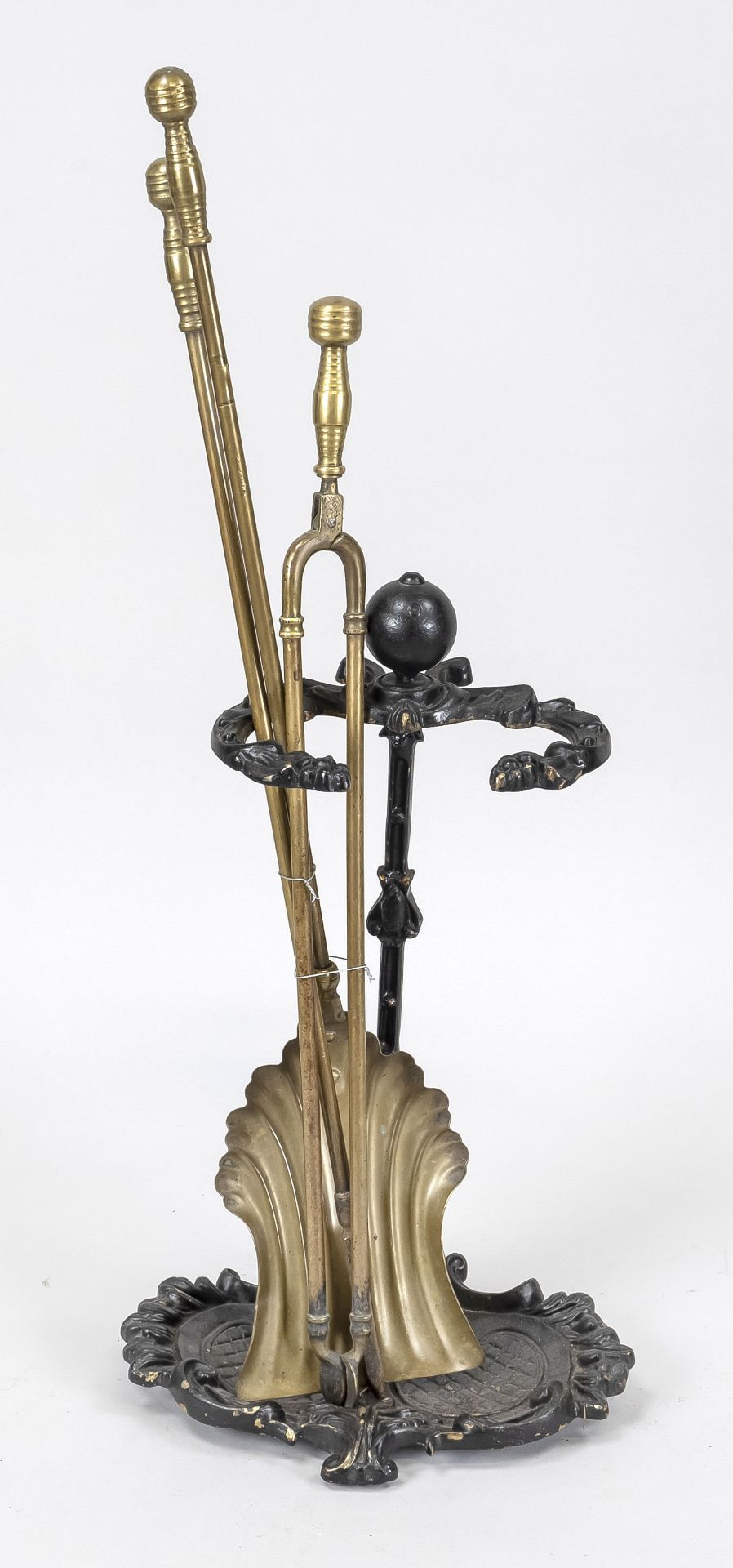 Fireplace set with stand, 20th c., brass/bronze. Ornamented stand, black lacquered. Set consists