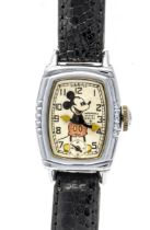 Wristwatch Mickey Mous by Ingersoll, circa 1935, steel case, manual winding, pin lever movement,