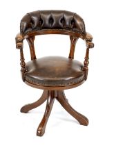 English desk chair, 20th century, mahogany stained beech wood, brown leather, 82 x 58 x 66 cm.