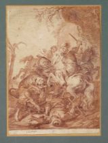 Unidentified artist of the 18th century, a band of mounted Arabs fighting a lion, red chalk