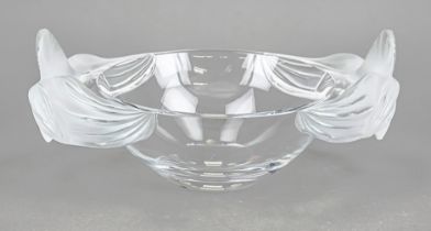 Round bowl, France, 2nd half of 20th c., Lalique, smooth shape, with large floral handles, clear and