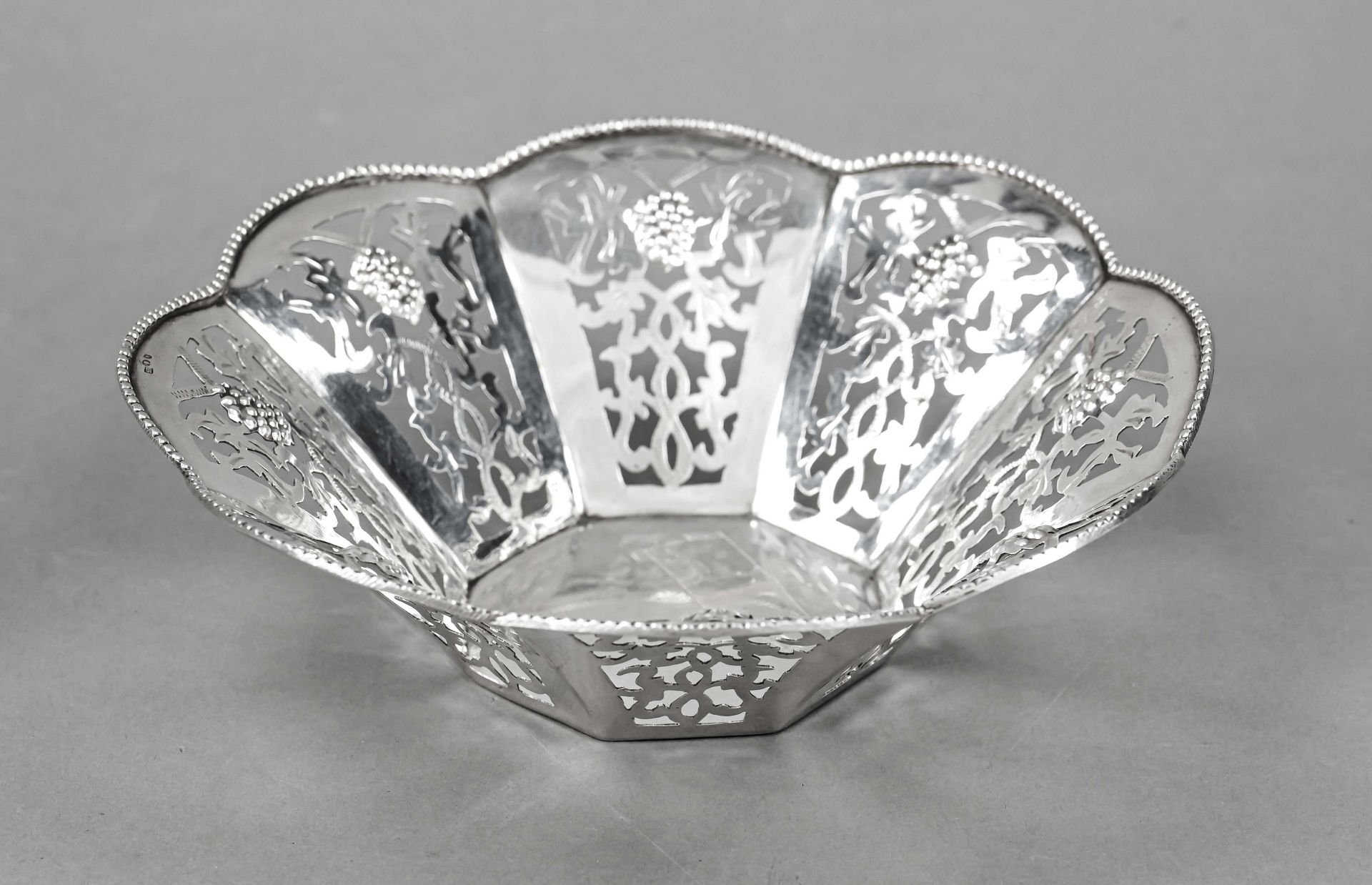 Flower-shaped breakthrough bowl, Poland, 20th century, city letter K for Krakow, silver 800/000, 8-