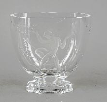 Vase, 20th century, rectangular stand with concave corners, flat oval body, clear glass with figural