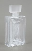 Flacon, France, 20th c., Lalique, rectangular stand, straight body, rectangular stopper. clear and