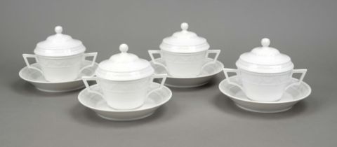 Four soup cups with lids and saucers, KPM Berlin, marks 1962-2000, 2nd choice, Kurland form,