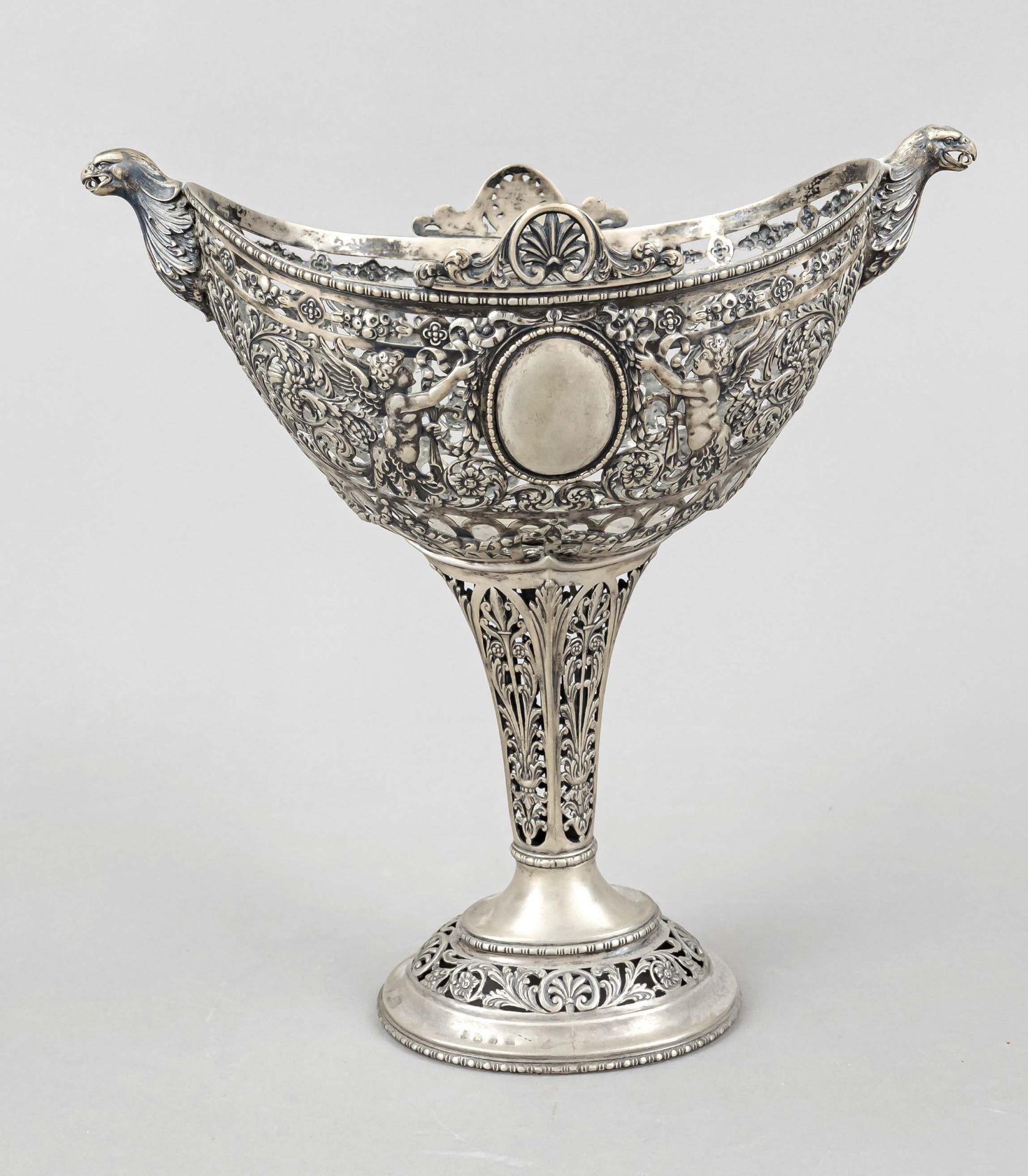 Top bowl, probably German, chipped hallmarks, silver 800/000, oval, vaulted stand, conical shaft,