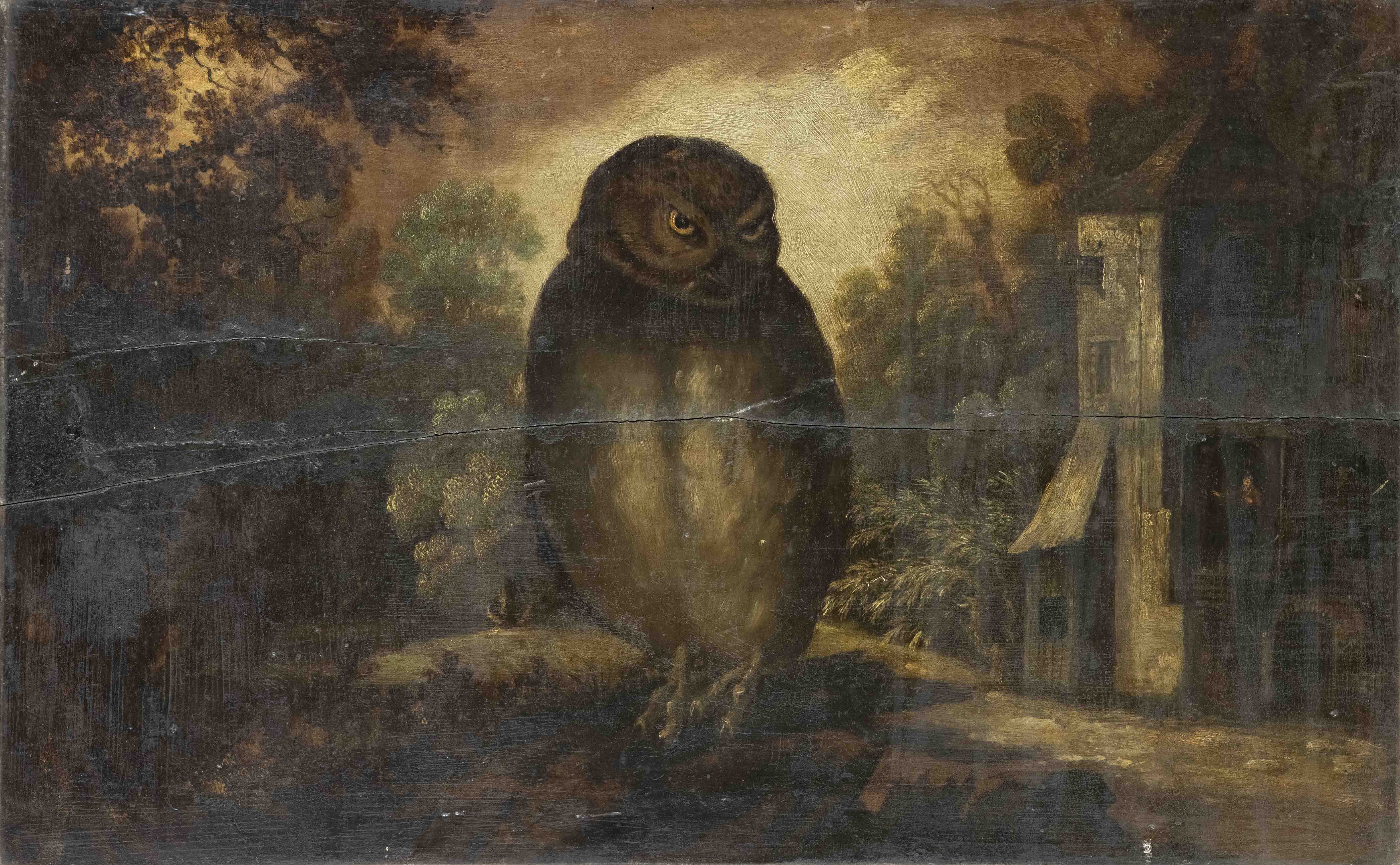 German painter of the 18th century, Owl in front of dark landscape with tower house, oil on wood