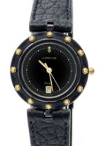 Corum Clipper Club, ladies quartz watch, Swiss ladies watch 80's, steel black ionized/ GG, black