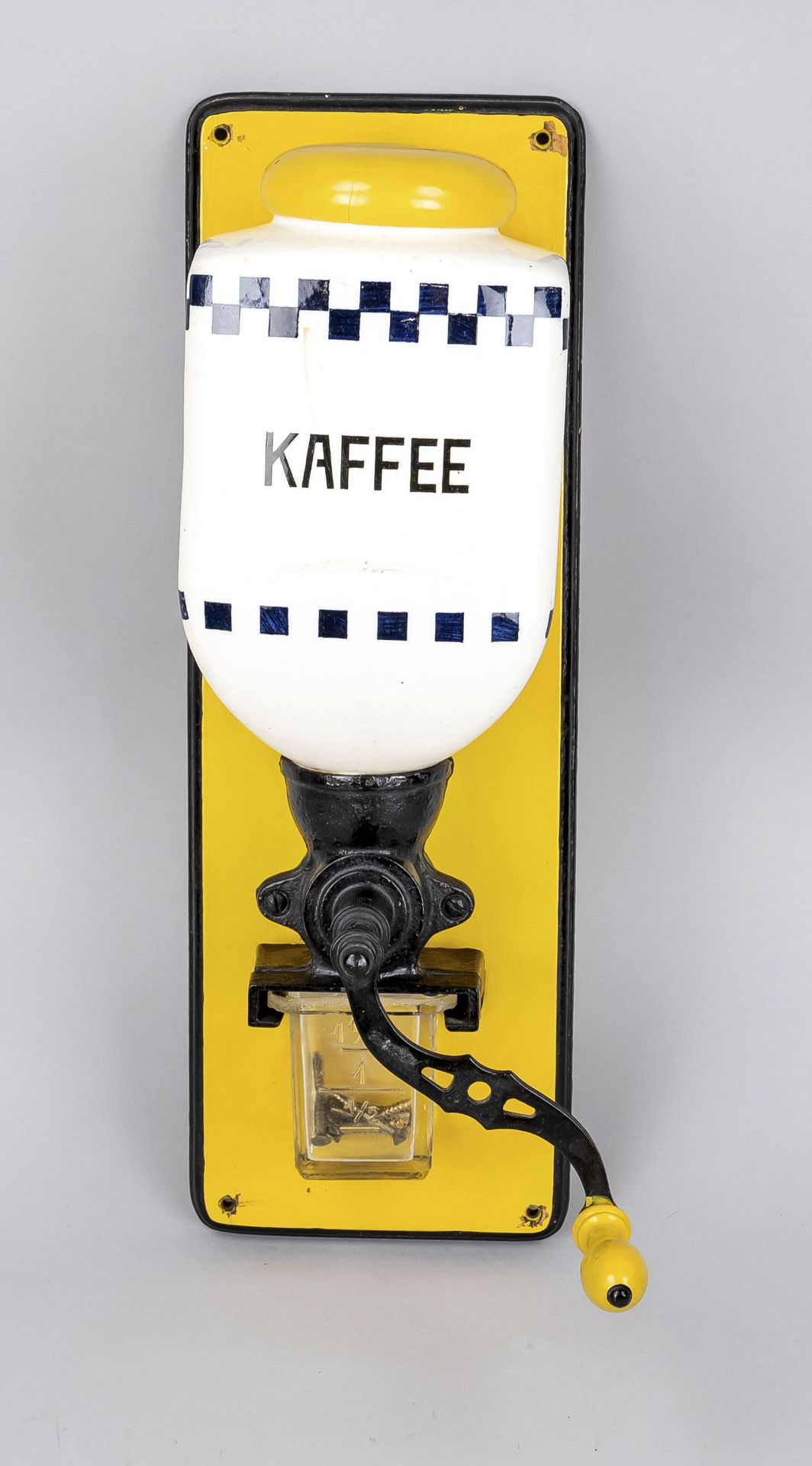 Coffee grinder for the wall, 1st half of the 20th century, ceramic, wood, iron. Lacquered and