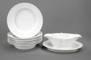 Six soup plates and 1 sauce boat, KPM Berlin, marks 1962-1992, 2nd choice, form Kurland, design