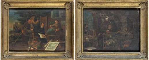 Pair of 18th/19th century paintings, scenic interiors in an alchemist's parlor and that of a