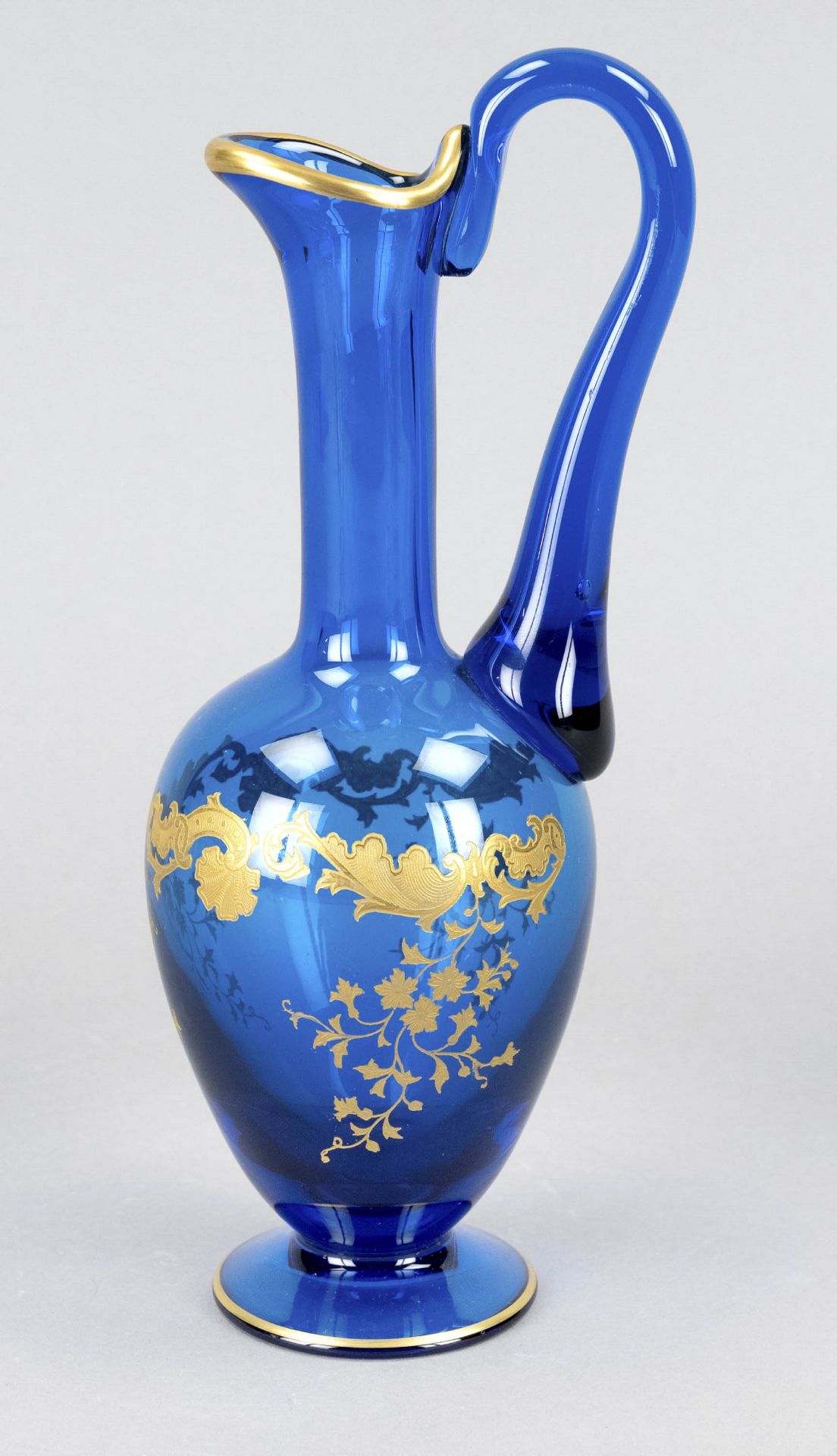 Jug with handle, France, 2, h. 20th c., St. Louis, round stand, ovoid body, slender neck, curved