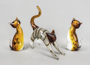 Three glass cats, 2nd half of 20th c., each clear glass with brown and white enamels, different