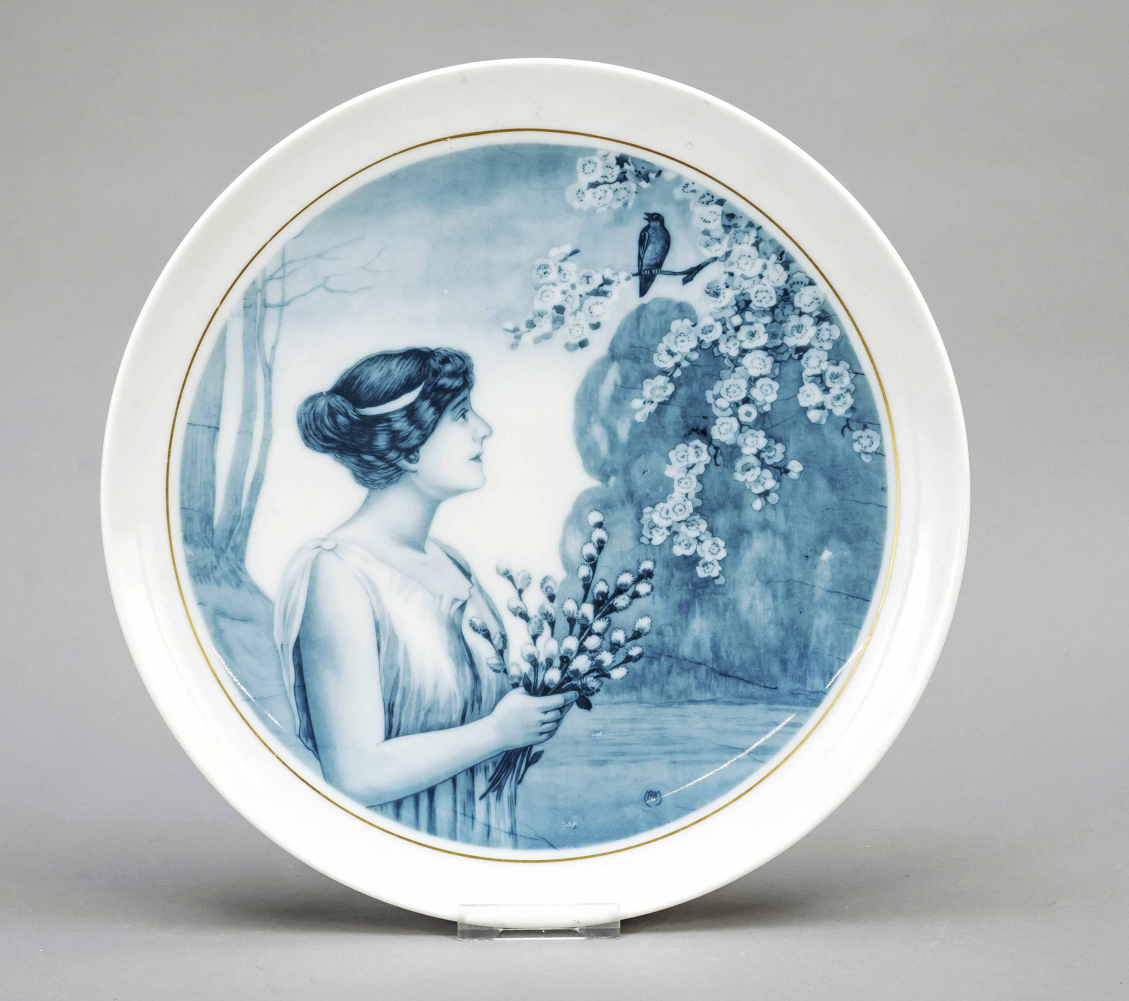 Art Nouveau picture plate, c. 1900, smooth-rimmed form, mirror-filling depiction in underglaze blue,