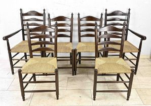 2 armchairs and 4 chairs, Friesland around 1900, solid beech, rush wicker, armchairs 105 x 56 x 48