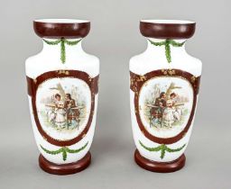 Pair of large milk glass vases, early 20th c., round stand, conical body, indented at the