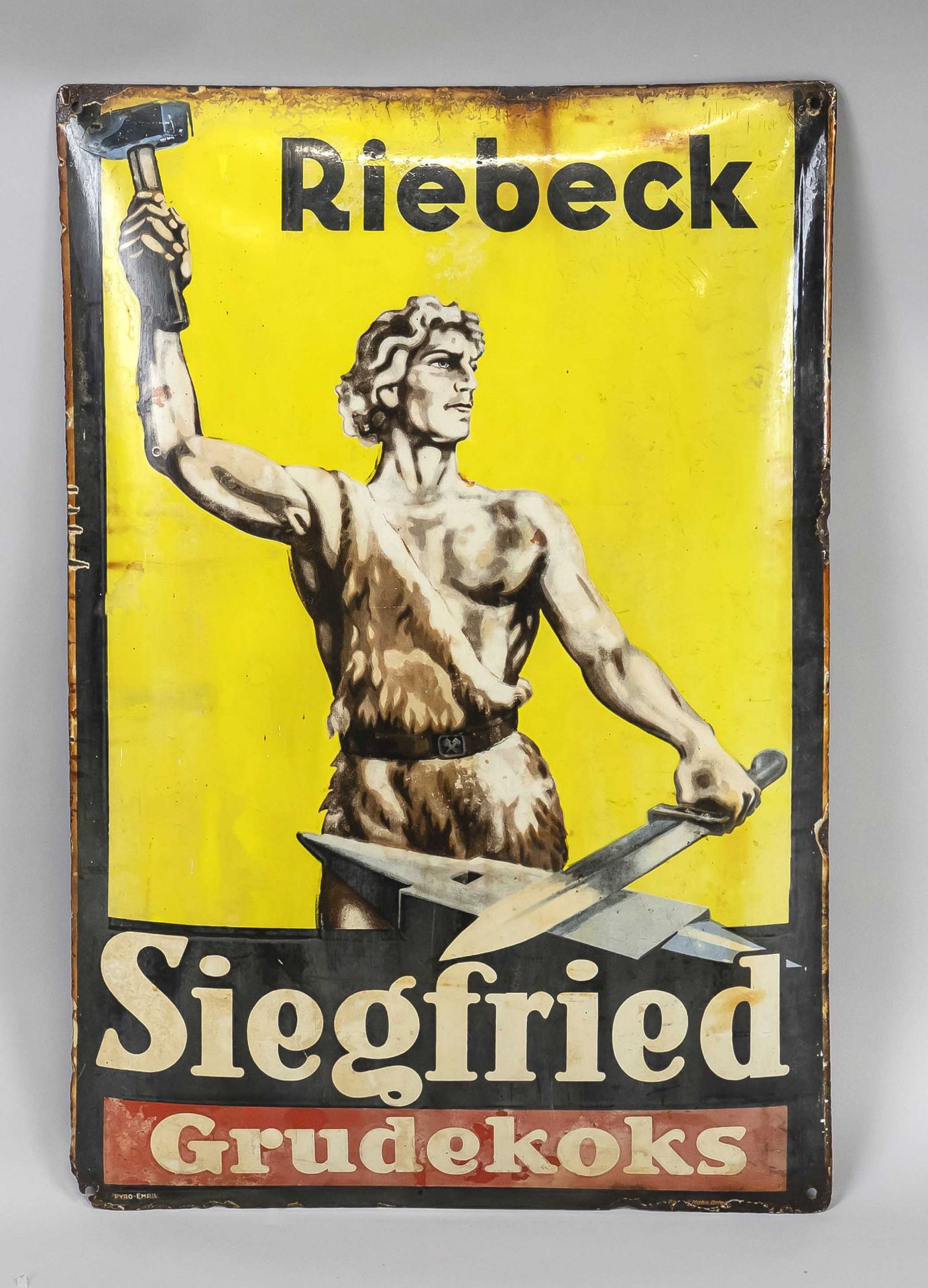 Enamel shield, Germany 1st half 20th c., inscribed in the picture ''Riebeck Siegfried Grudekoks'',