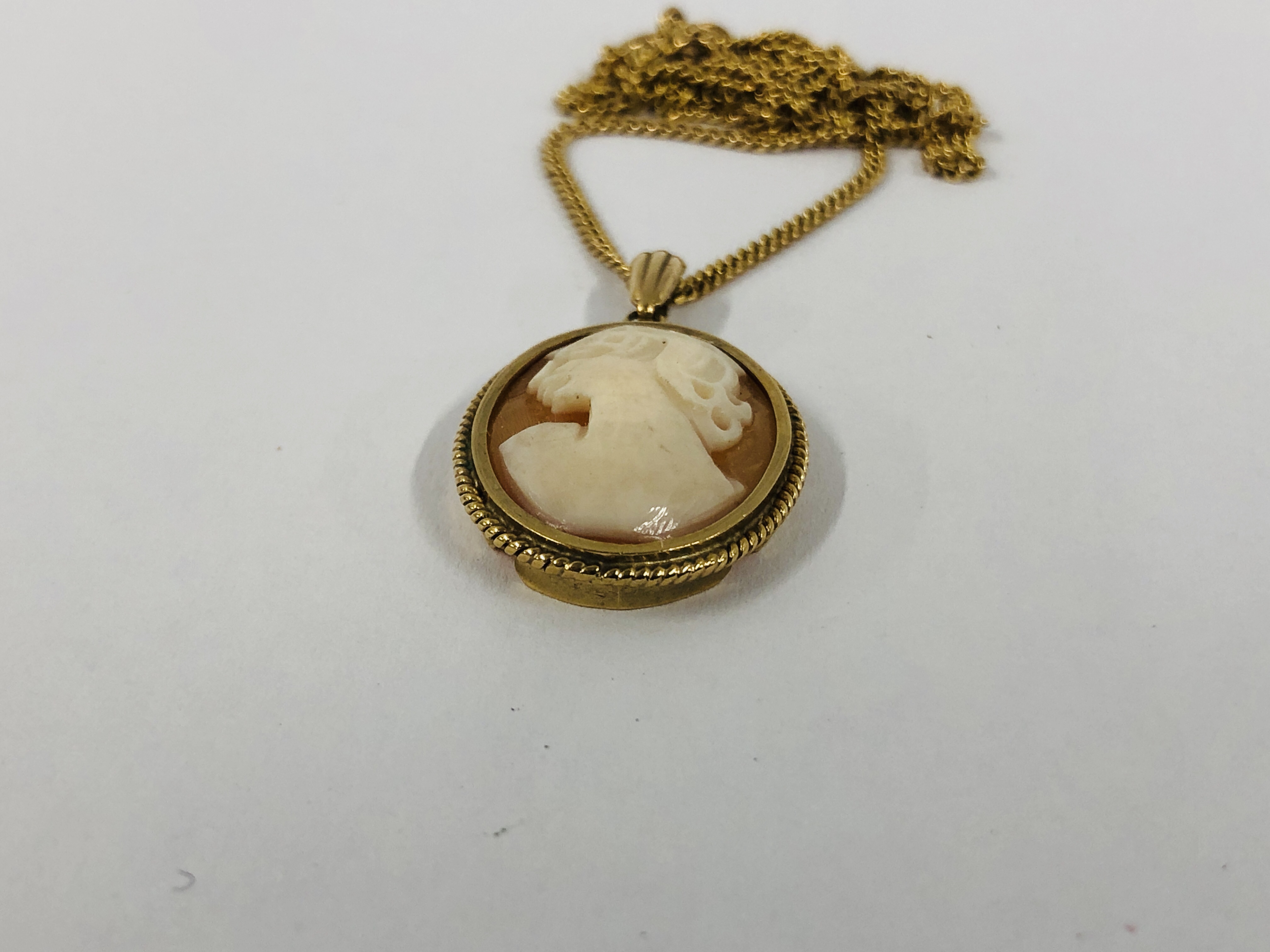 9CT. GOLD CAMEO PENDANT IN AN OVAL SETTING ON A FINE 9CT. - Image 3 of 10