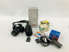 CANON EOS 350D DIGITAL SLR CAMERA WITH 18-55MM LENS, CANON 75-300MM LENS, COBRA FLASH, ADAPTERS ETC.