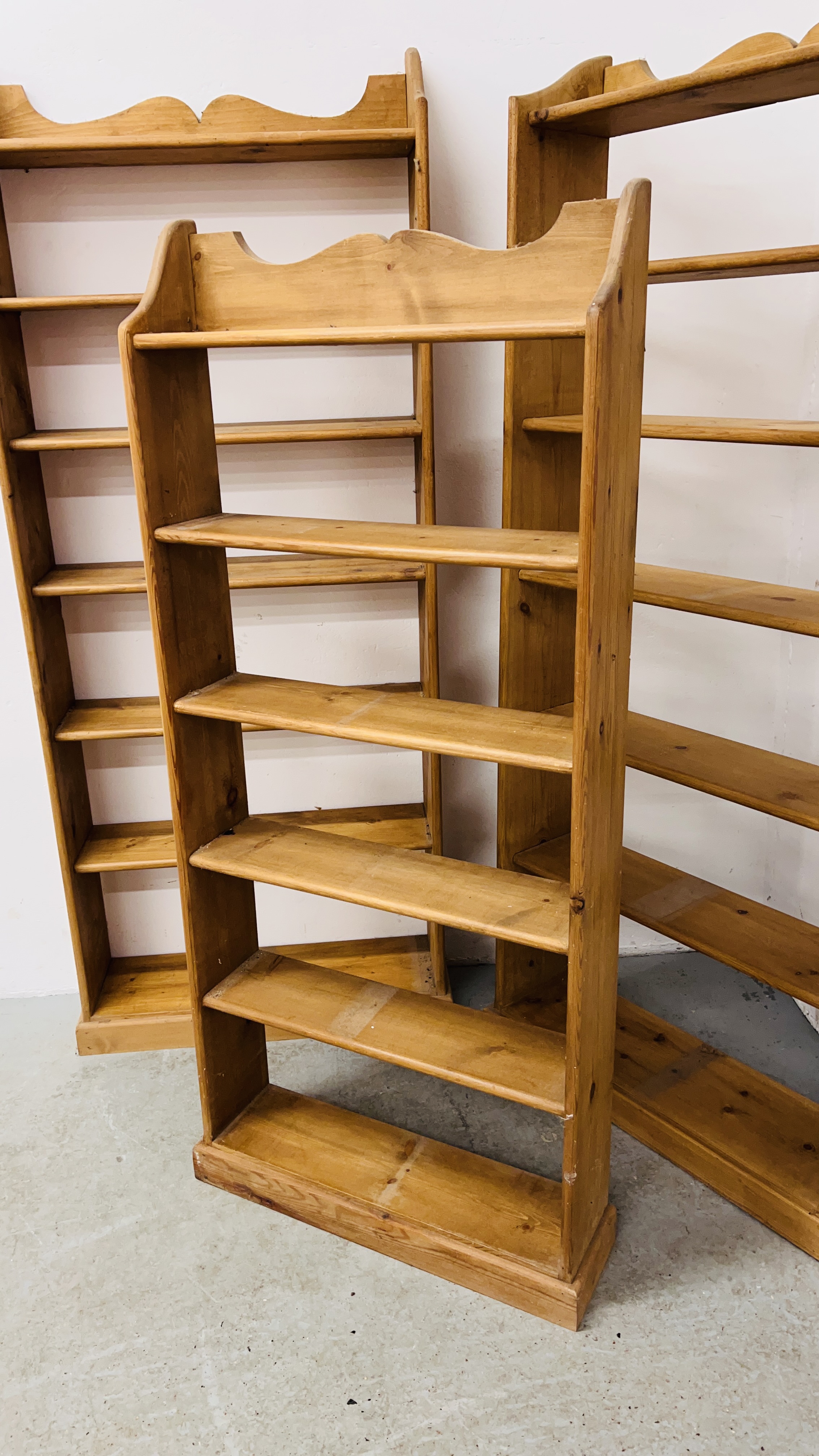 THREE WAXED PINE OPEN BOOK SHELVES TO INCLUDE 2 X SEVEN TIER WIDTH 73CM. HEIGHT 174CM. - Image 3 of 14