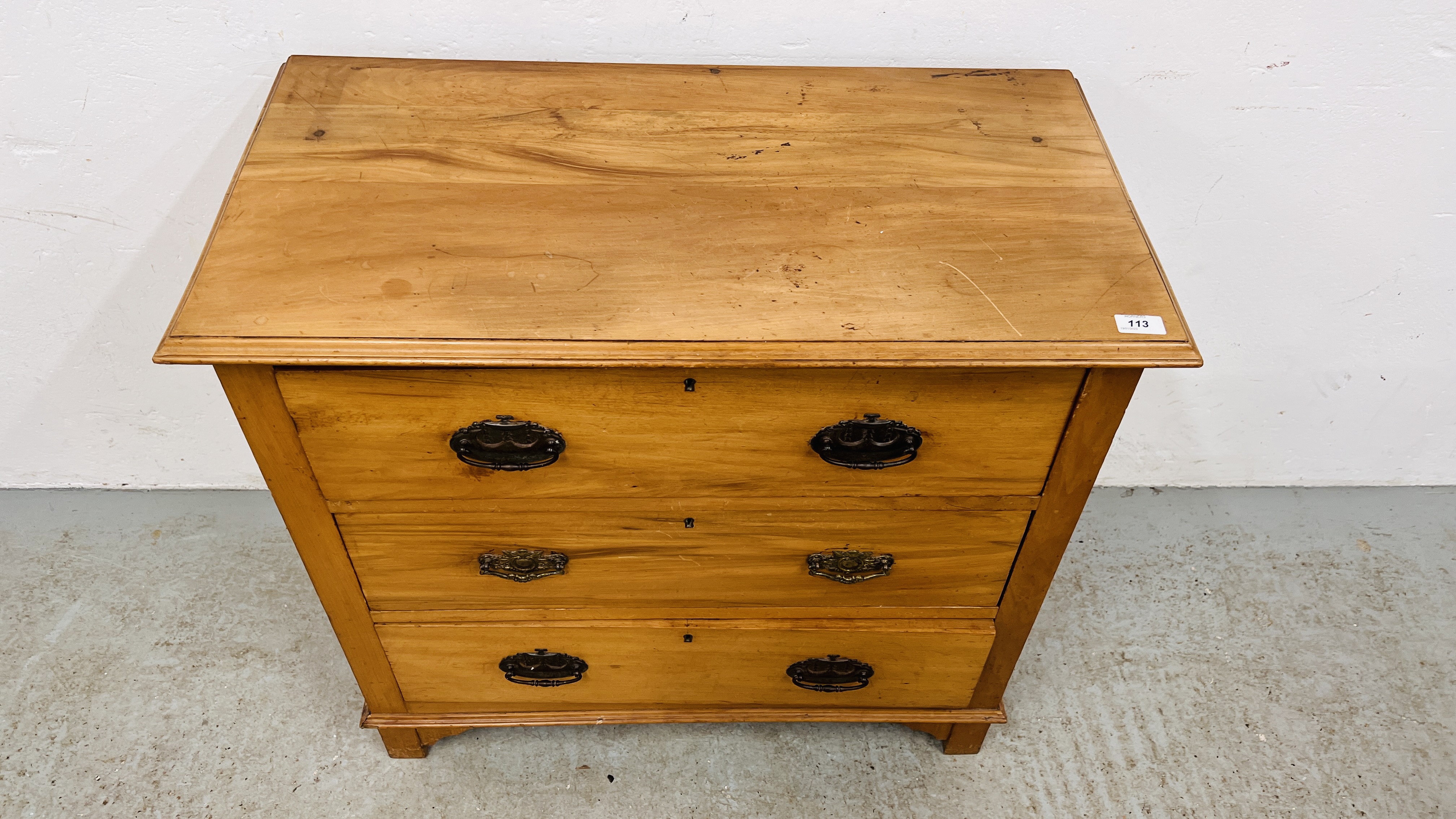 VINTAGE SATINWOOD THREE DRAWER CHEST WIDTH 84CM. DEPTH 43CM. HEIGHT 79CM. - Image 2 of 9