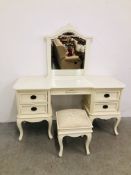 A FRENCH STYLE CREAM FINISH FIVE DRAWER DRESSING TABLE WITH MIRROR AND STOOL