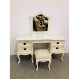 A FRENCH STYLE CREAM FINISH FIVE DRAWER DRESSING TABLE WITH MIRROR AND STOOL