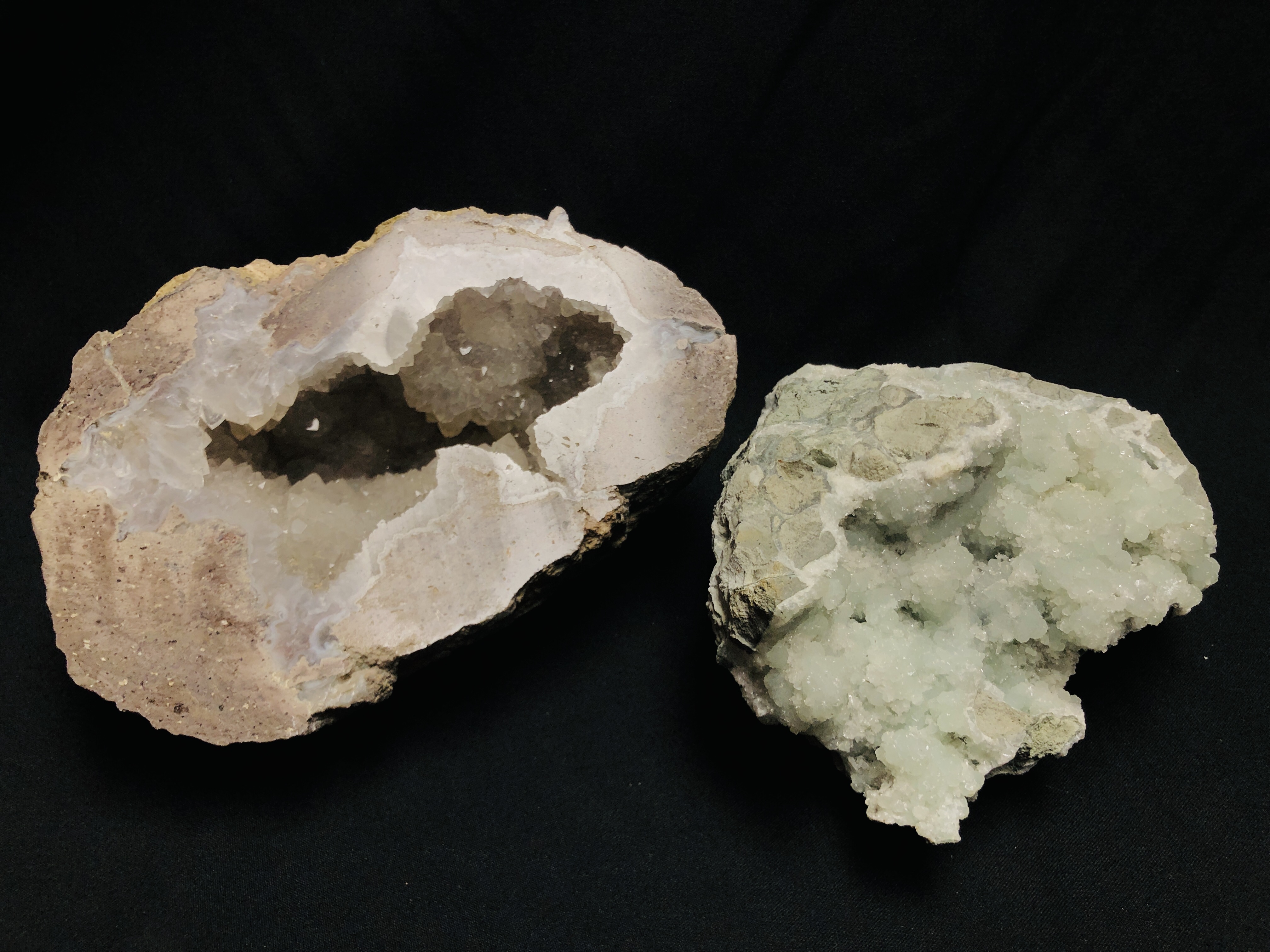 TWO IMPRESSIVE CRYSTAL AND MINERAL EXAMPLES, ONE HAVING A POLISHED SURFACE.