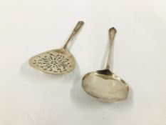 AN UNUSUAL SILVER SERVING SPOON WITH CIRCULAR HEAD, LONDON 1911 ALONG WITH A SILVER SIFTER SPOON,