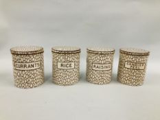 A GROUP OF FOUR VINTAGE MALING "COBBLE STONE" LIDDED STORAGE JARS TO INCLUDE RAISINS, RICE,