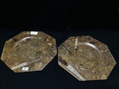 A PAIR OF OCTAGONAL FOSSIL PLATES CUT FROM THE ATLAS MOUNTAIN MAROCCO, W 40CM X H 40CM.