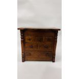 A MINIATURE HARDWOOD MULTI DRAWER CHEST WITH HINGED TOP - WOULD BE IDEAL FOR SEWING ACCESSORIES