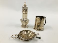 SMALL VINTAGE SILVER TANKARD, BIRMINGHAM ASSAY (RUBBED MARKS) HEIGHT 8CM.