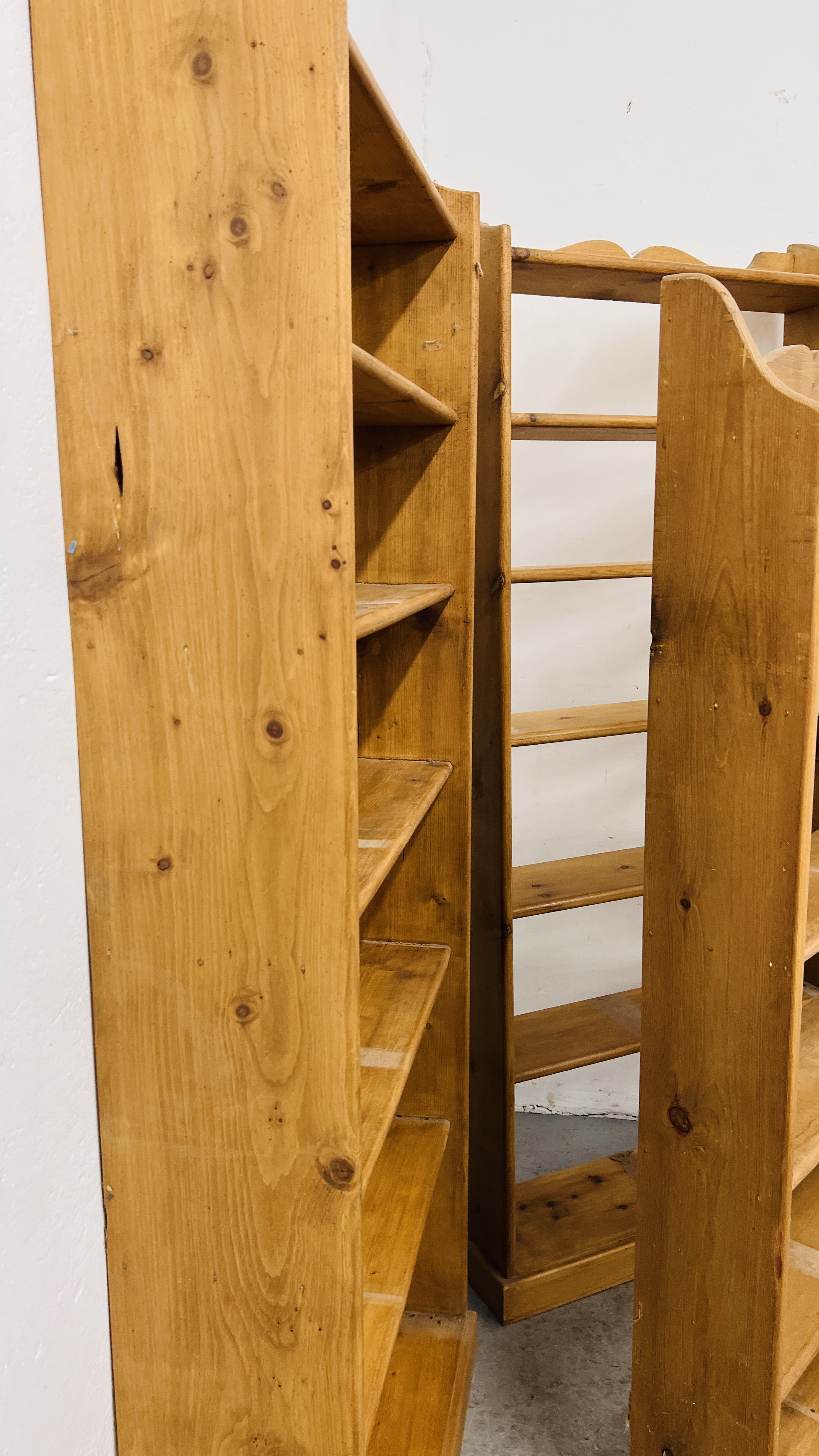 THREE WAXED PINE OPEN BOOK SHELVES TO INCLUDE 2 X SEVEN TIER WIDTH 73CM. HEIGHT 174CM. - Image 14 of 14