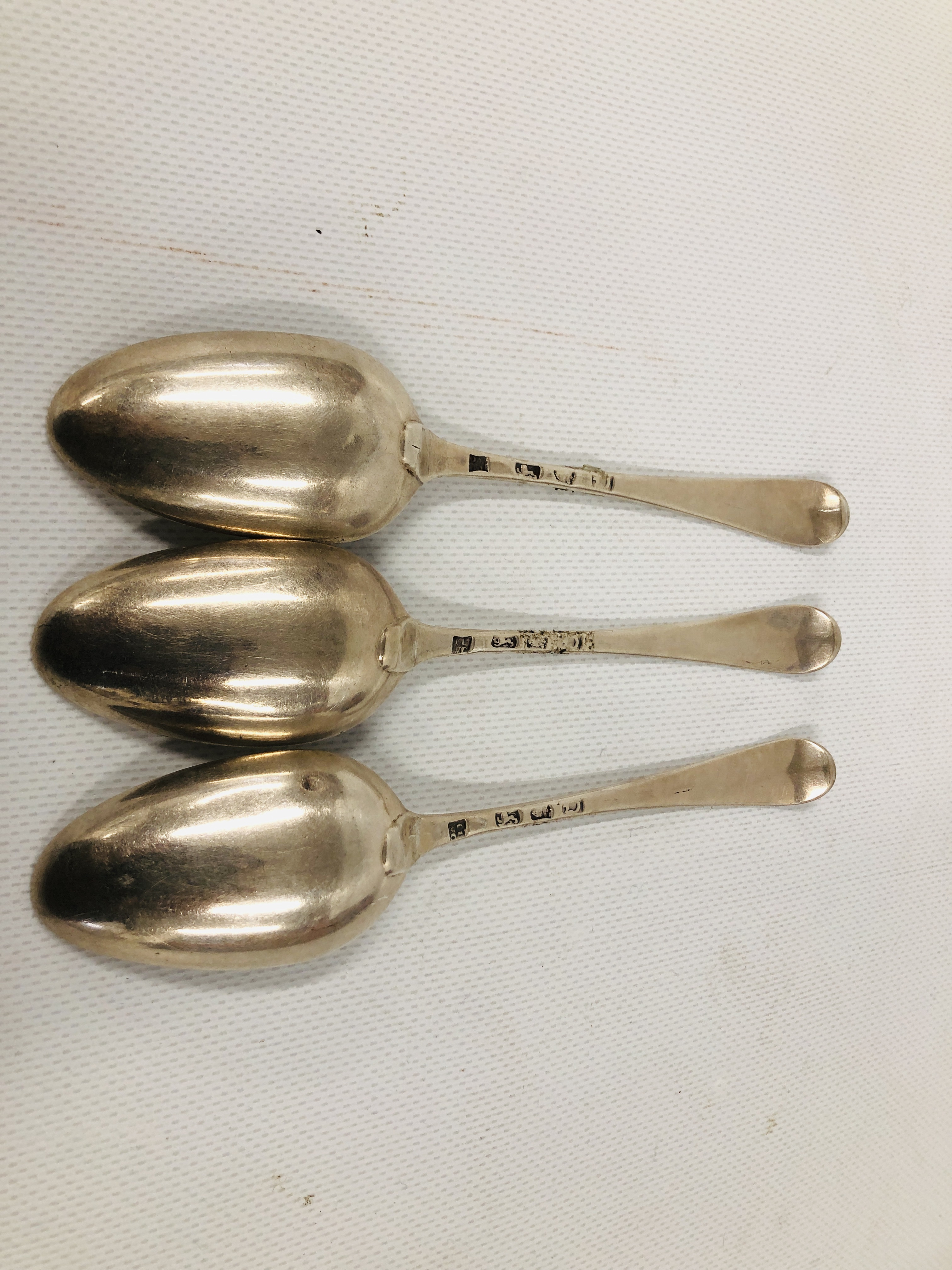 THREE GEORGE II SILVER OLD ENGLISH PATTERN DESSERT SPOONS, PROBABLY LONDON 1759. - Image 5 of 8