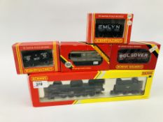 BOXED HORNBY 00 GAUGE LOCOMOTIVE WITH TENDER "EVENING STAR" AND FOUR BOXED 00 GAUGE ROLLING STOCK.