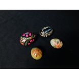 TWO POLISHED HARD STONE EGGS DECORATED WITH HANDPAINTED JAPANESE BIRDS AND FLOWERS + TWO HARD WOOD