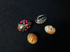 TWO POLISHED HARD STONE EGGS DECORATED WITH HANDPAINTED JAPANESE BIRDS AND FLOWERS + TWO HARD WOOD