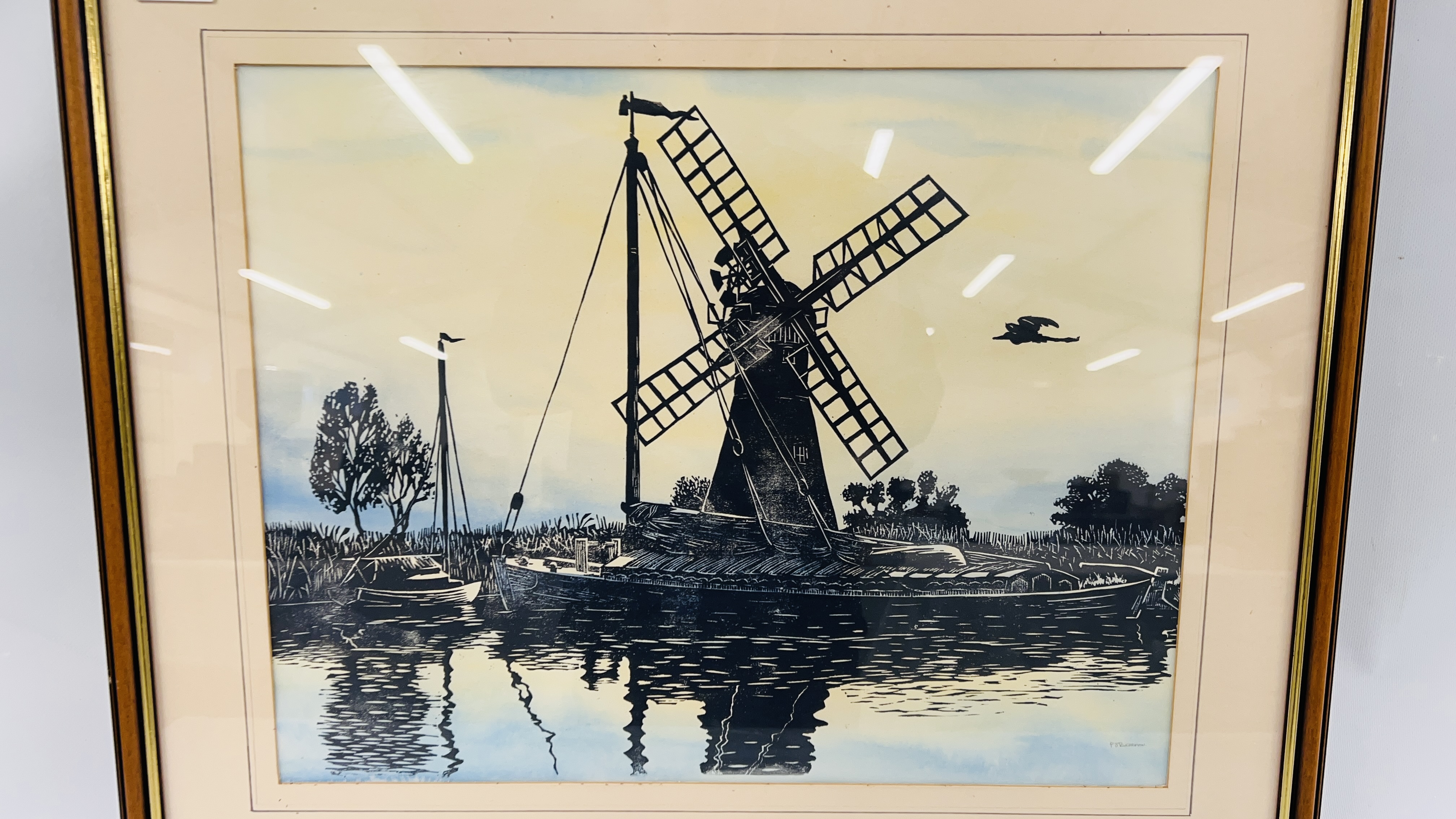 A FRAMED AND MOUNTED PETER BEARMAN BLOCK PRINT "HORSEY MILL, NORFOLK". - Image 2 of 4