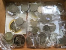 BOX OF DECIMAL COLLECTABLE 50p, £2 AND £5 CROWNS, TOTAL FACE APPROX £60.