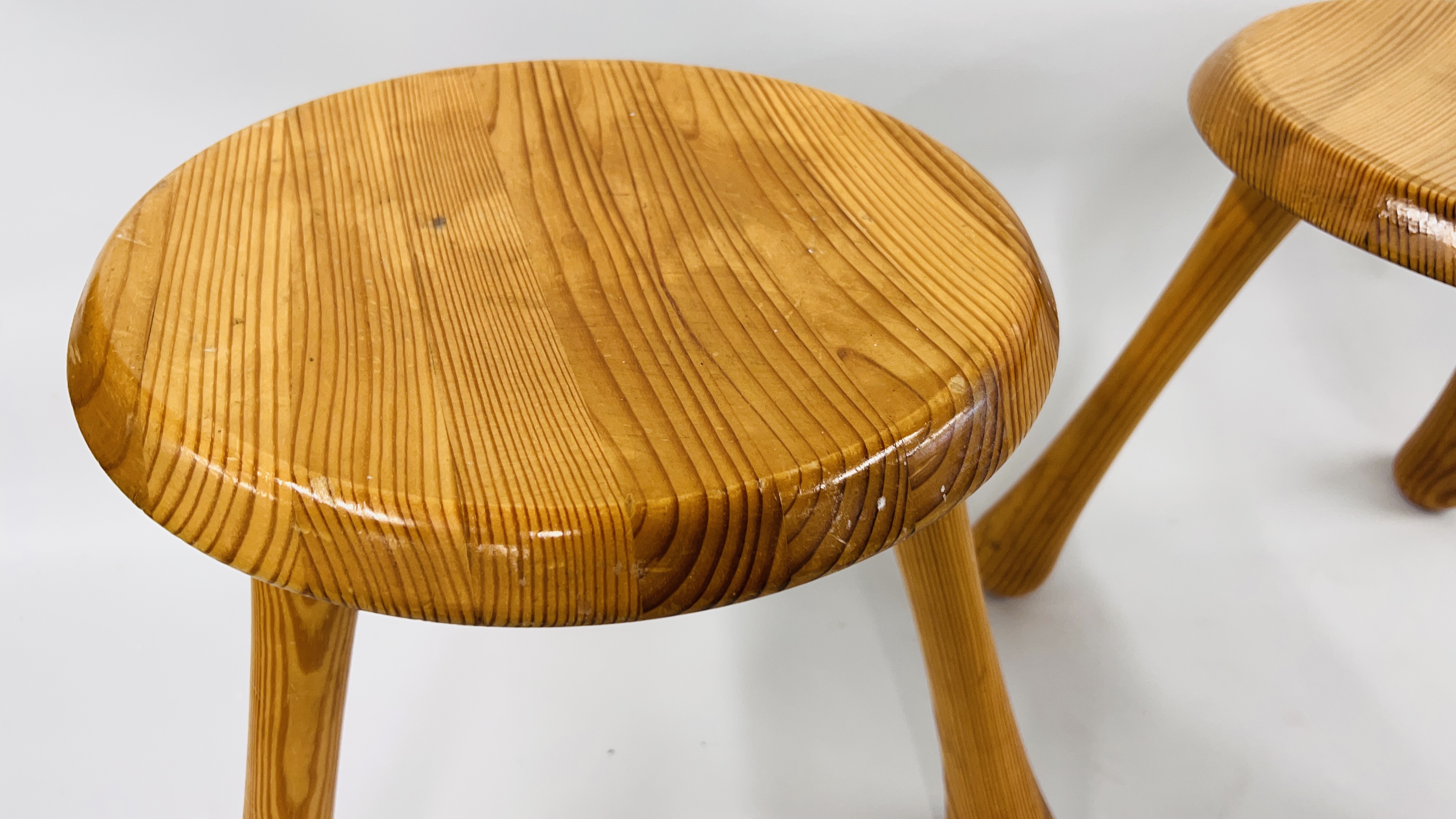 PAIR OF HONEY PINE LOW STOOLS ON TRIPOD LEGS BEARING IMPRESSED MAKERS MARK "INGVAR KAMPRAD" - Image 4 of 6